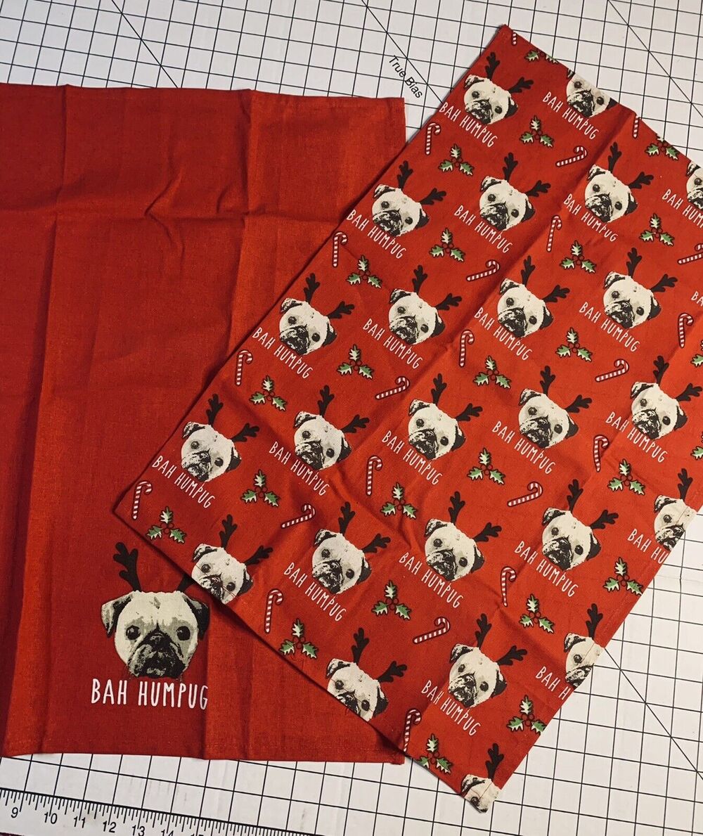 Pug Cooksmart Tea Towels Bah Humpug Cotton Unused No Tags or Pkg Red Christmas